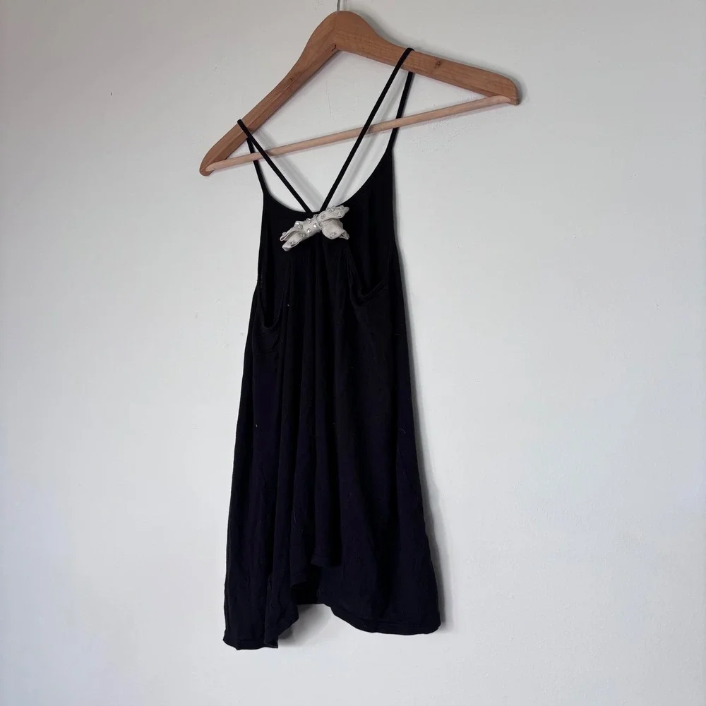 Vintage Free People Y2K Black Bow Rhinestone‎ Swing Tank Size Small